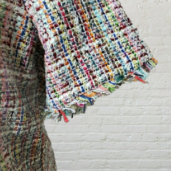 ZARA Trafaluc NWT small multicolor tweed fringe crew neck tshirt w zipper - Picture 3 of 12